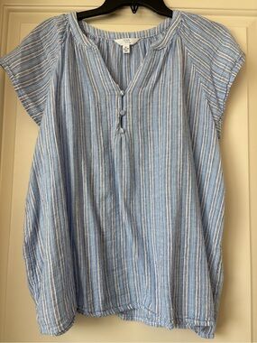 Time and Tru Blue and White Striped Cotton Peasant Blouse